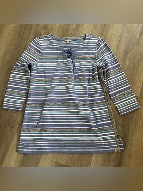 T by Talbots Striped Tunic Top Blue Green Lace Up 3/4 Sleeve Small
